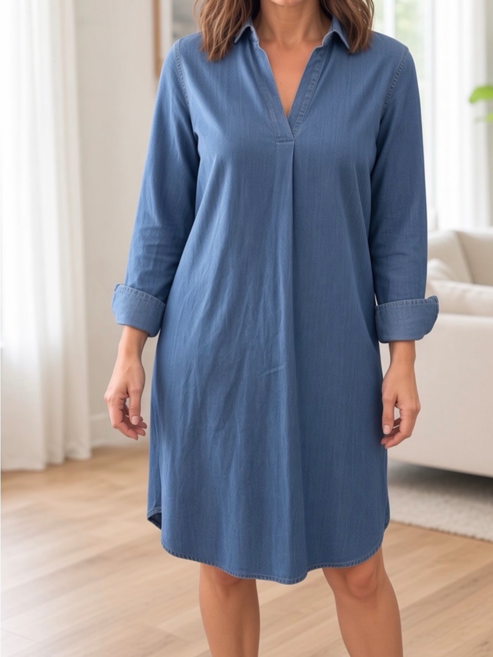 J. McLaughlin Dusty Blue V‑Neck Shirt Midi Dress